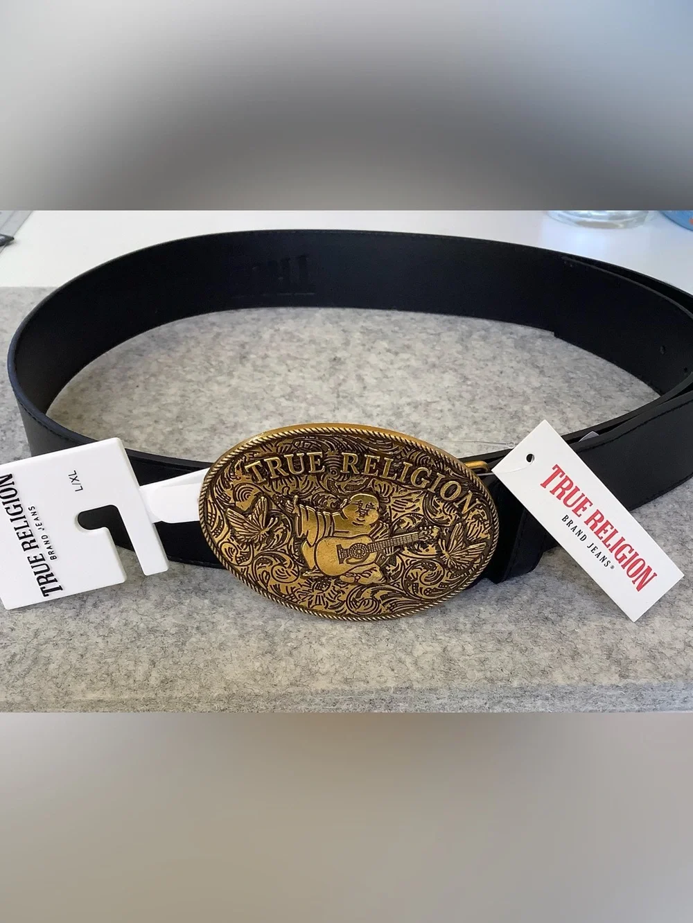 True Religion Black Leather Belt Bold Buddha Buckle L/XL NWT